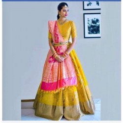 Yellow Designer Stitched Banarasi Lehenga Choli